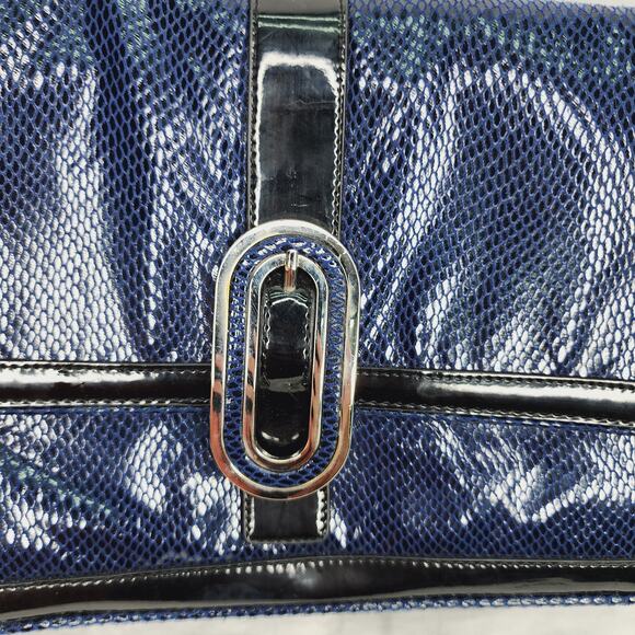 White House Black Market Blue Snakeskin pattern with Black Trim Shoulder Purse - Picture 7 of 15